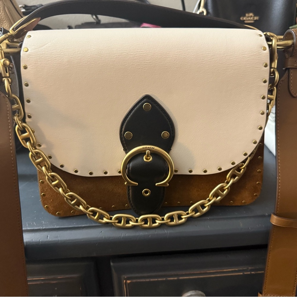 COACH Color Block Leather Suede with Border Rivets Beat Shoulder Bag